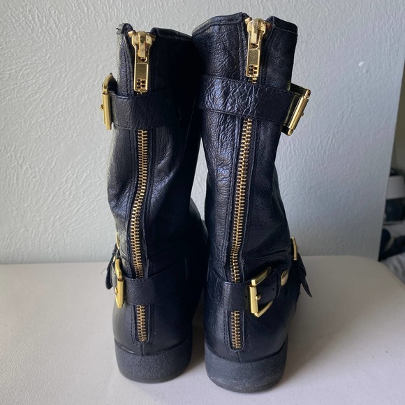 Steve Madden Enngage Black Leather Mid Calf Boots Moto Style Gold Women's Size 8 - Picture 9 of 16